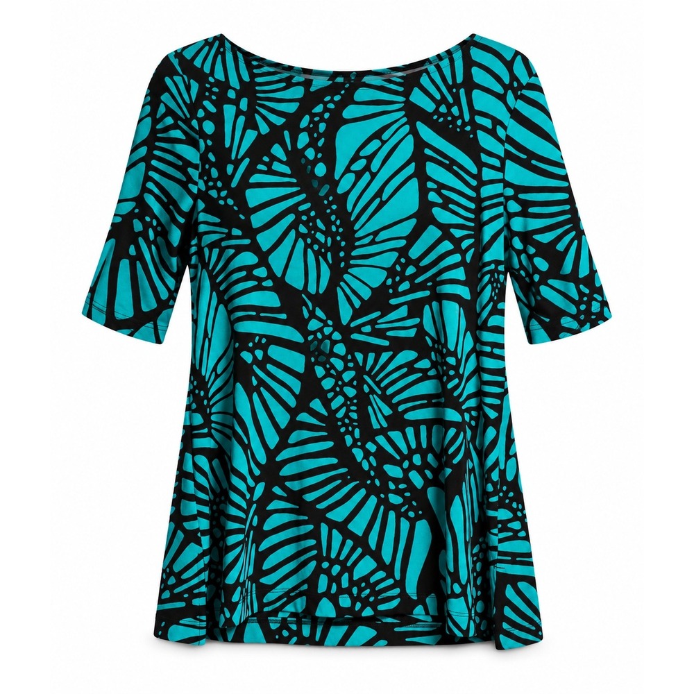 Chico's Size 2 Large Teal Black Butterfly Wing Print Acetate Blend Top Blouse